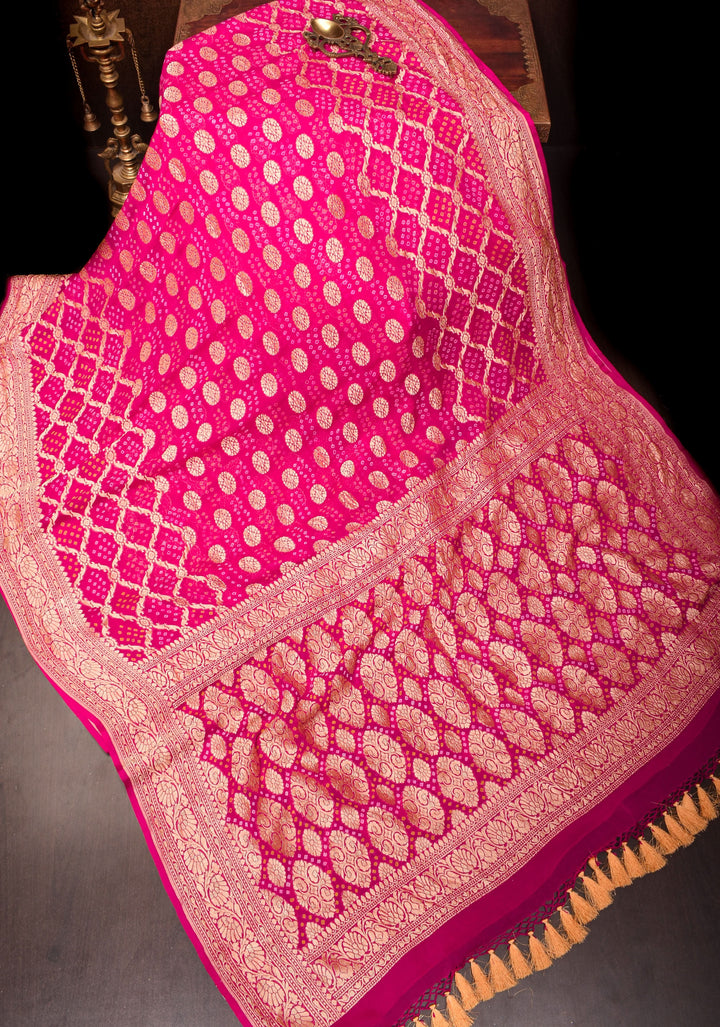 Authentic Hand Bandhej Banarasi Silk Georgette Saree in Pink | SILK MARK CERTIFIED. Vidya Balan Special Celebrity Saree