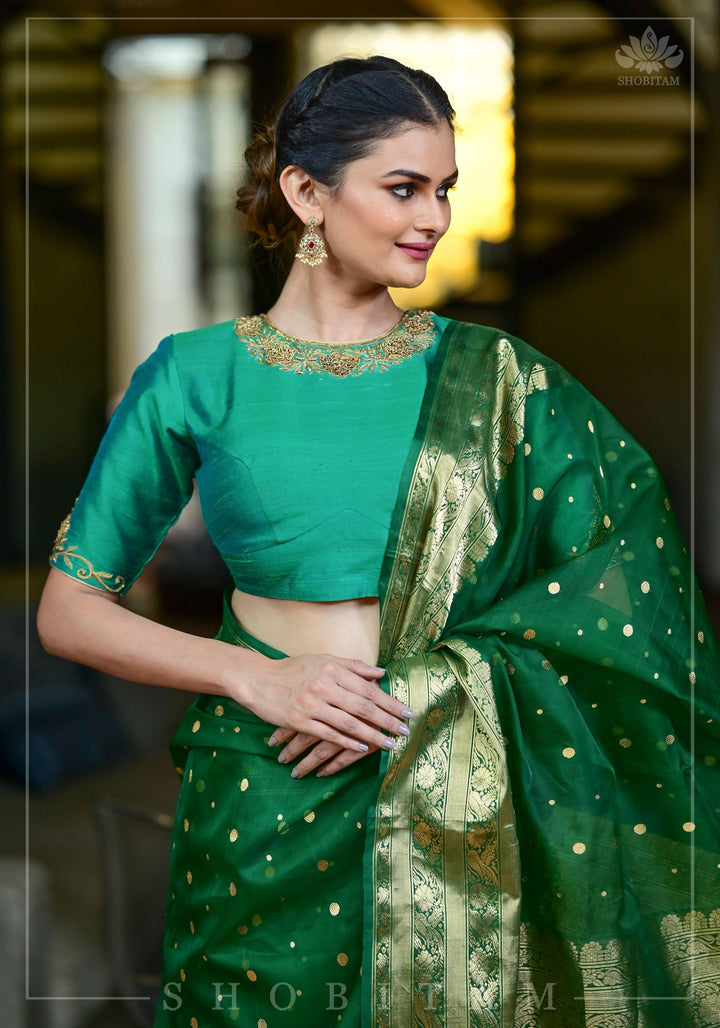 Green Dual Tone Pure Raw Silk Blouse with Antique Tone Zardosi work