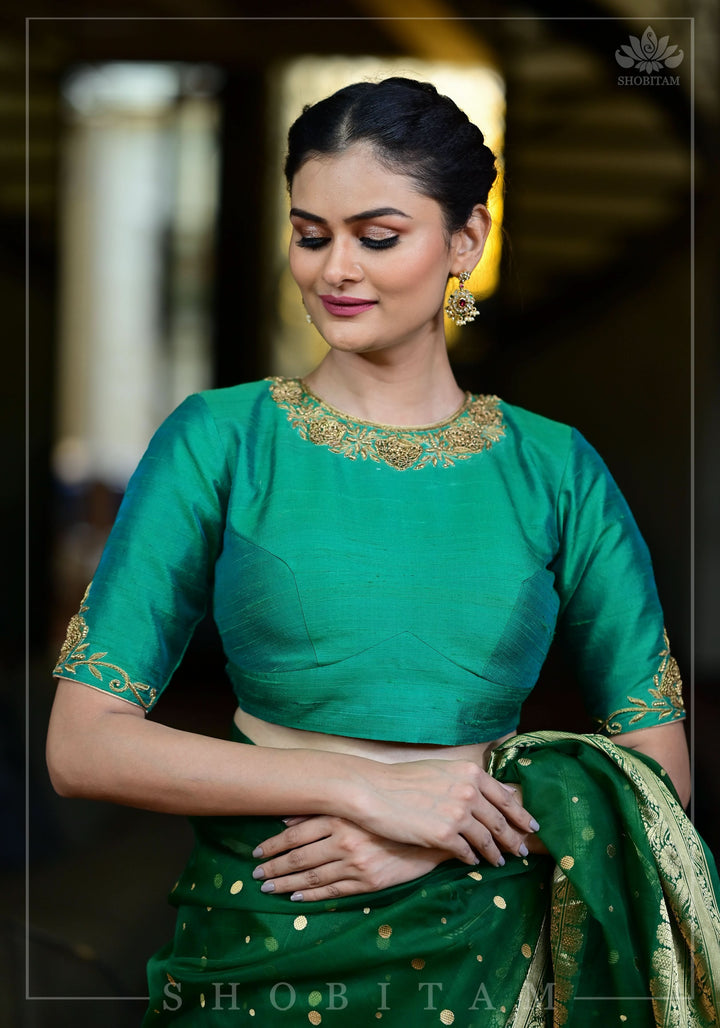 Green Dual Tone Pure Raw Silk Blouse with Antique Tone Zardosi work