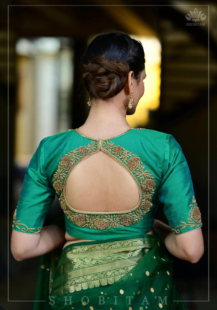 Green Dual Tone Pure Raw Silk Blouse with Antique Tone Zardosi work