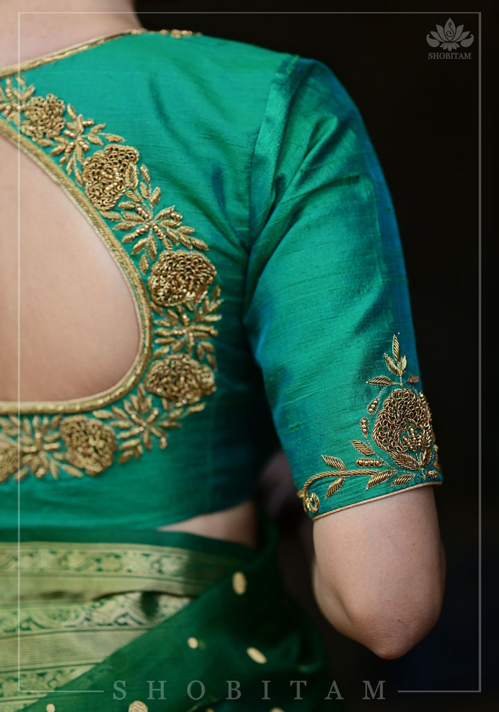Green Dual Tone Pure Raw Silk Blouse with Antique Tone Zardosi work