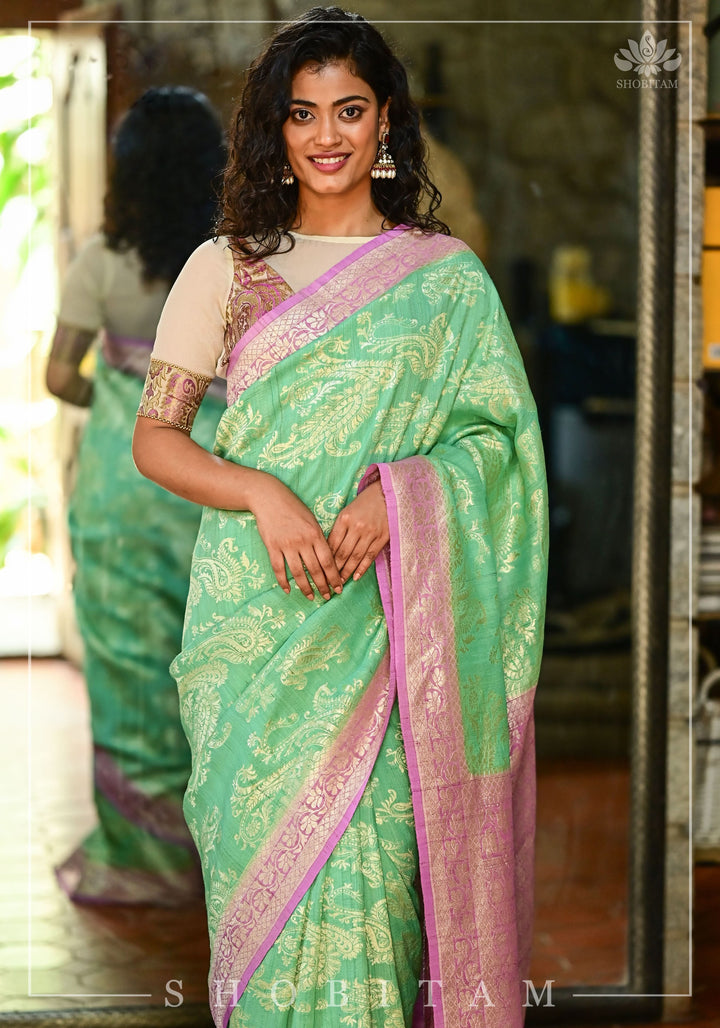 Exquisite Tussar Georgette Silk Saree in Sea Green and Lilac with Silver Paisley Jaal | SILK MARK CERTIFIED