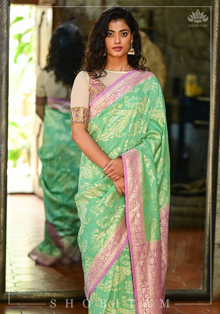 Exquisite Tussar Georgette Silk Saree in Sea Green and Lilac with Silver Paisley Jaal | SILK MARK CERTIFIED