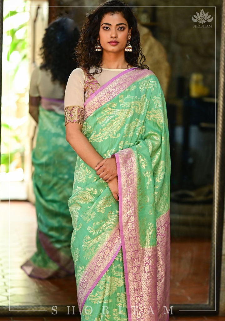 Exquisite Tussar Georgette Silk Saree in Sea Green and Lilac with Silver Paisley Jaal | SILK MARK CERTIFIED