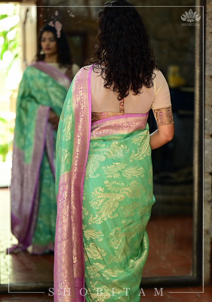 Exquisite Tussar Georgette Silk Saree in Sea Green and Lilac with Silver Paisley Jaal | SILK MARK CERTIFIED