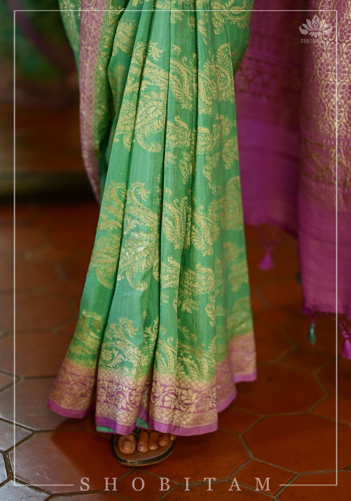 Exquisite Tussar Georgette Silk Saree in Sea Green and Lilac with Silver Paisley Jaal | SILK MARK CERTIFIED