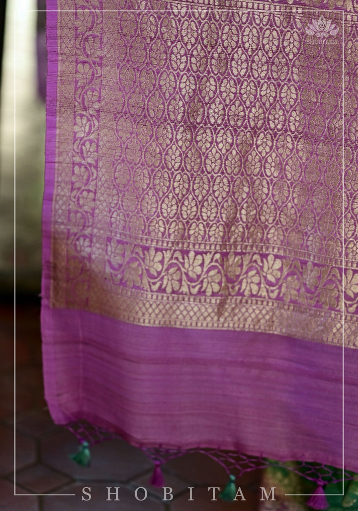 Exquisite Tussar Georgette Silk Saree in Sea Green and Lilac with Silver Paisley Jaal | SILK MARK CERTIFIED