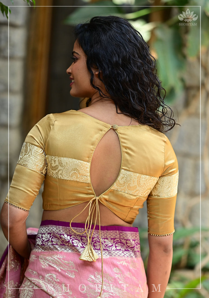 Gold tone Blouse with Tan Banarasi band and keyhole back