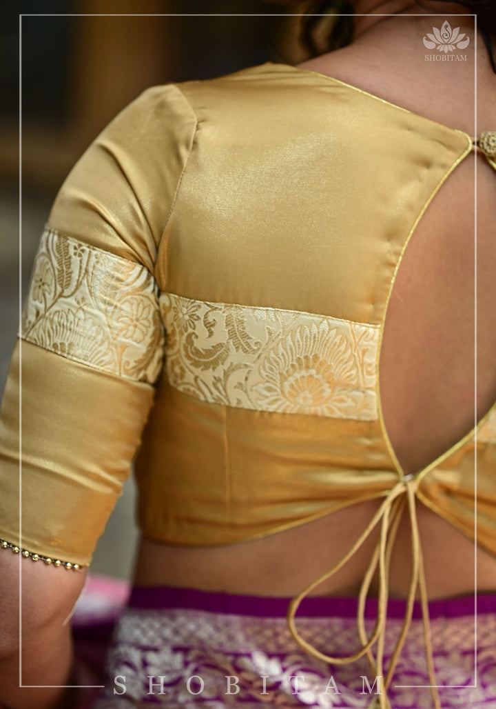 Gold tone Blouse with Tan Banarasi band and keyhole back