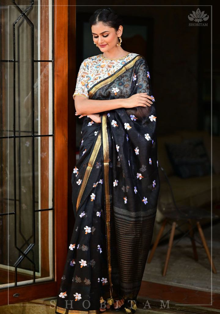 Parijaat - The Eternal Flower : Embroidery on Black Silk Linen Saree