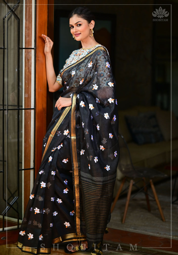 Parijaat - The Eternal Flower : Embroidery on Black Silk Linen Saree