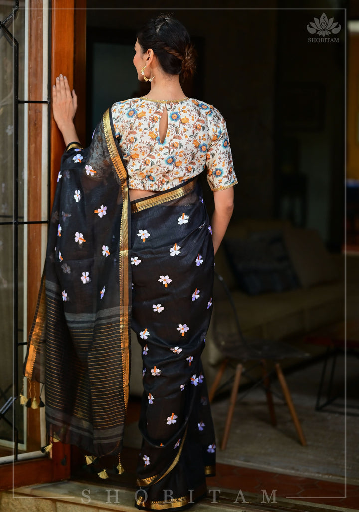 Parijaat - The Eternal Flower : Embroidery on Black Silk Linen Saree