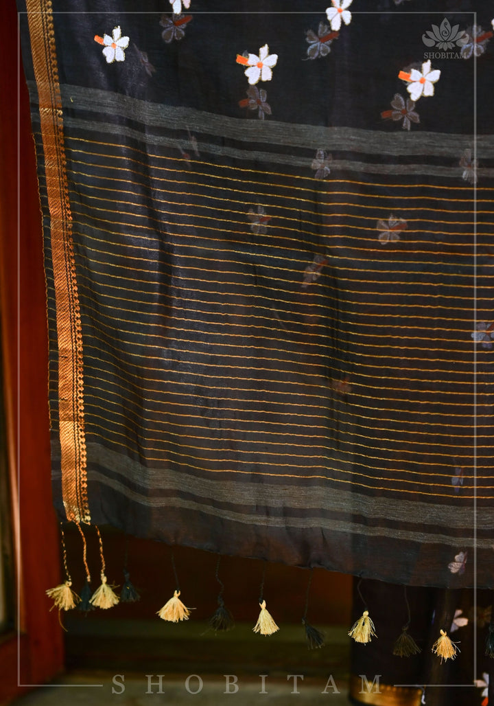 Parijaat - The Eternal Flower : Embroidery on Black Silk Linen Saree