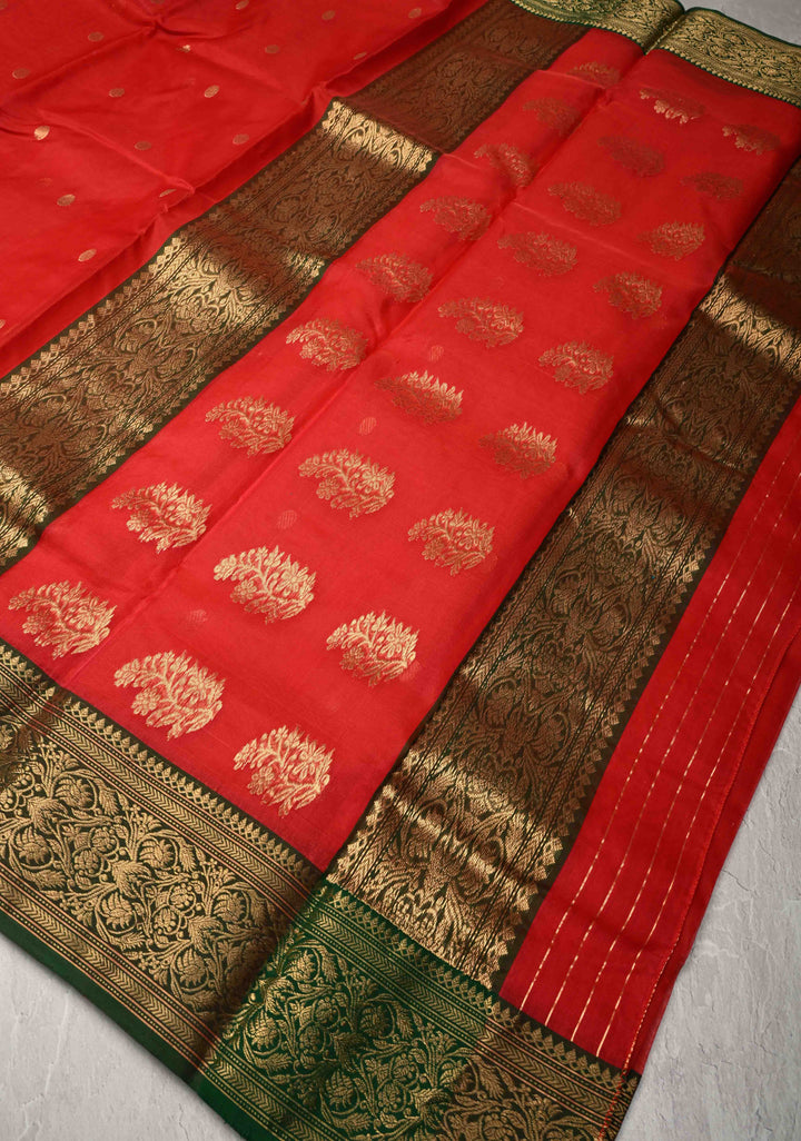 Chanderi Silk Saree in Red with Zari Buttas and Contrast Zari Borders