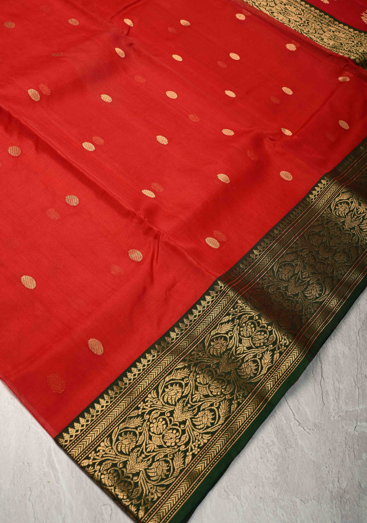 Chanderi Silk Saree in Red with Zari Buttas and Contrast Zari Borders