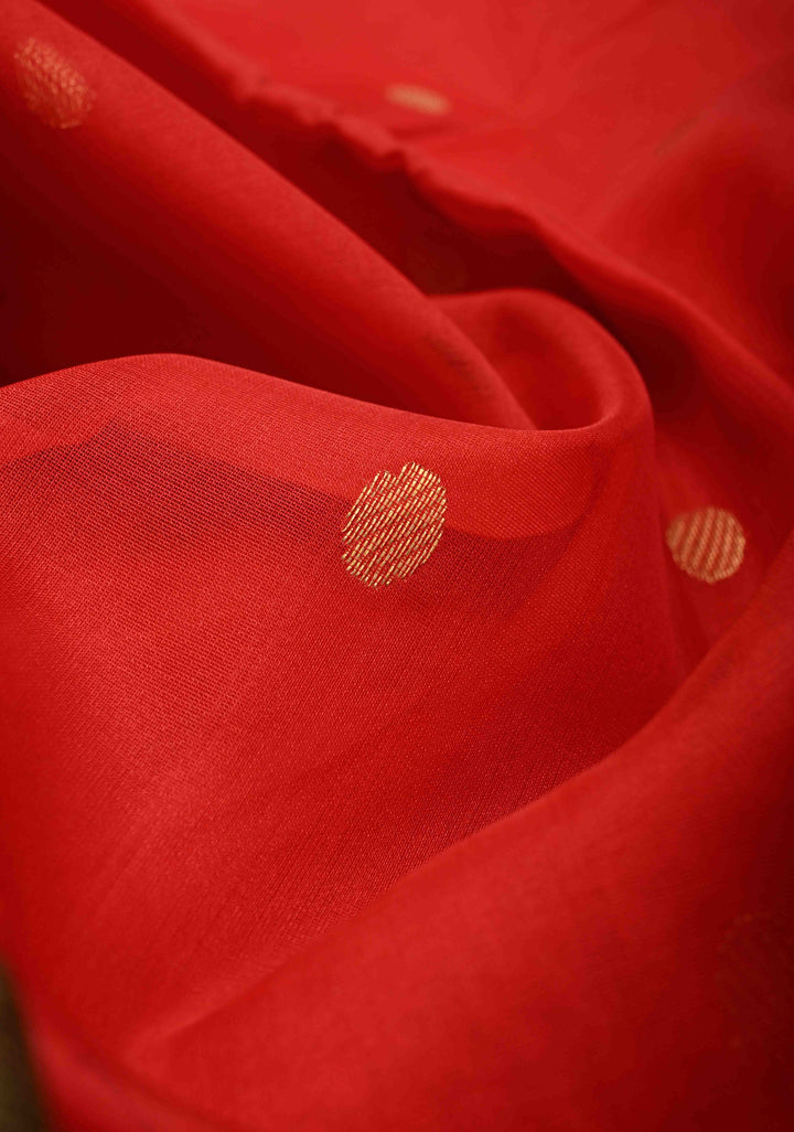 Chanderi Silk Saree in Red with Zari Buttas and Contrast Zari Borders