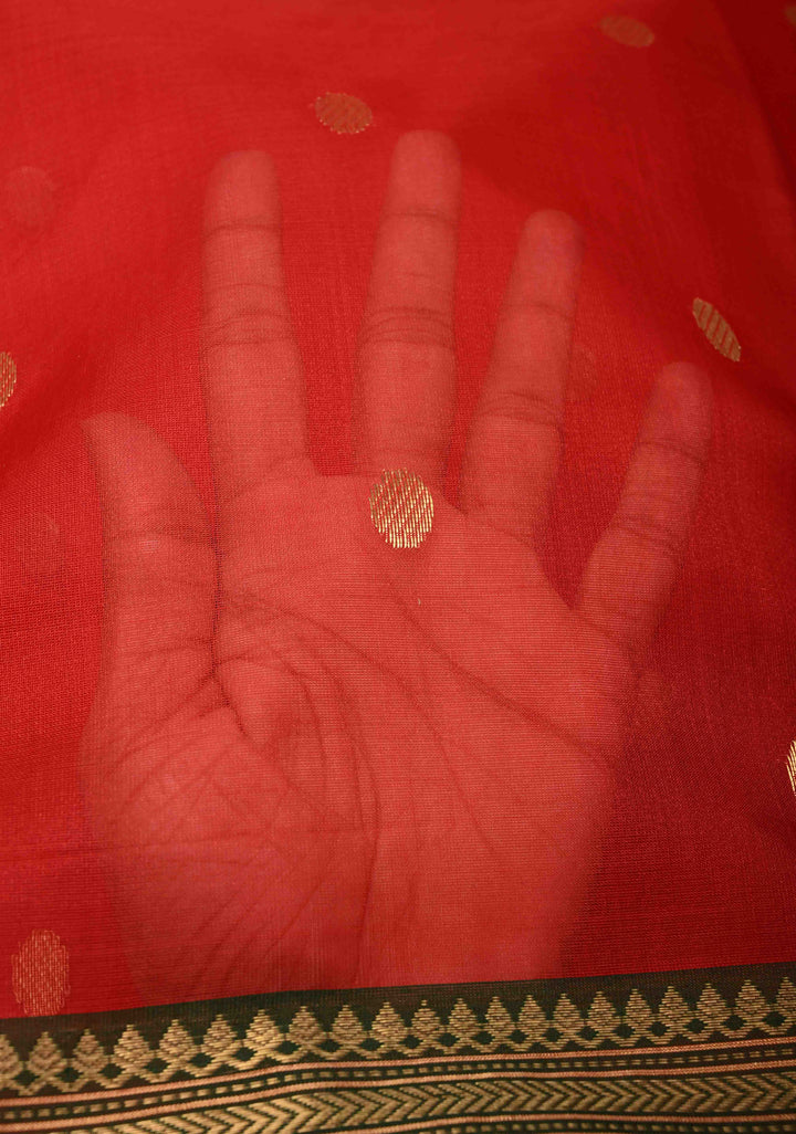 Chanderi Silk Saree in Red with Zari Buttas and Contrast Zari Borders