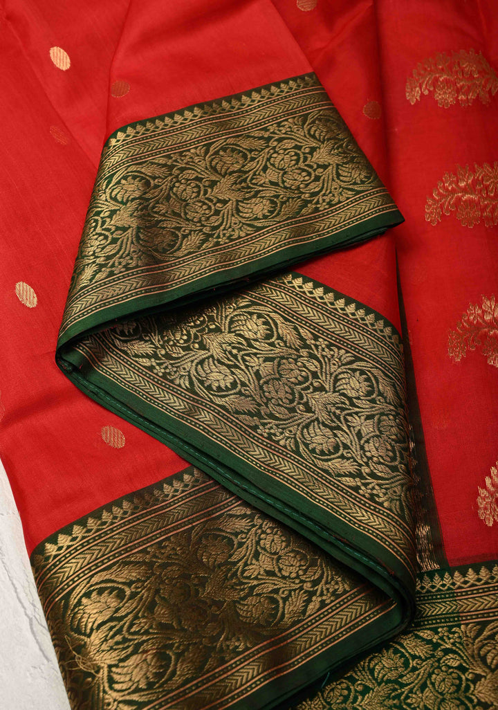 Chanderi Silk Saree in Red with Zari Buttas and Contrast Zari Borders