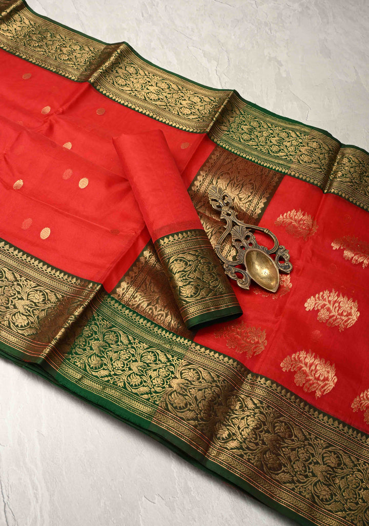 Chanderi Silk Saree in Red with Zari Buttas and Contrast Zari Borders