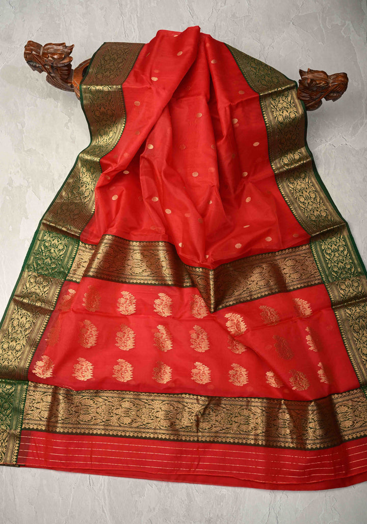 Chanderi Silk Saree in Red with Zari Buttas and Contrast Zari Borders