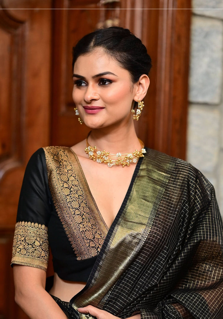 Black Blouse with Plunge Neck and Antique Tone Zari Detailing
