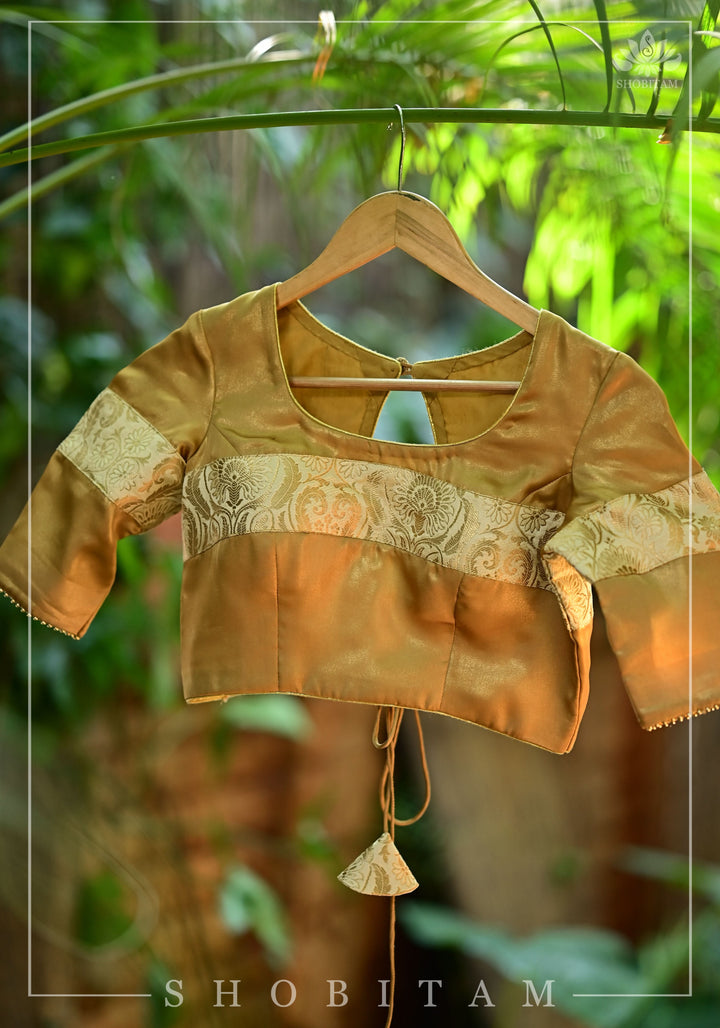 Gold tone Blouse with Tan Banarasi band and keyhole back