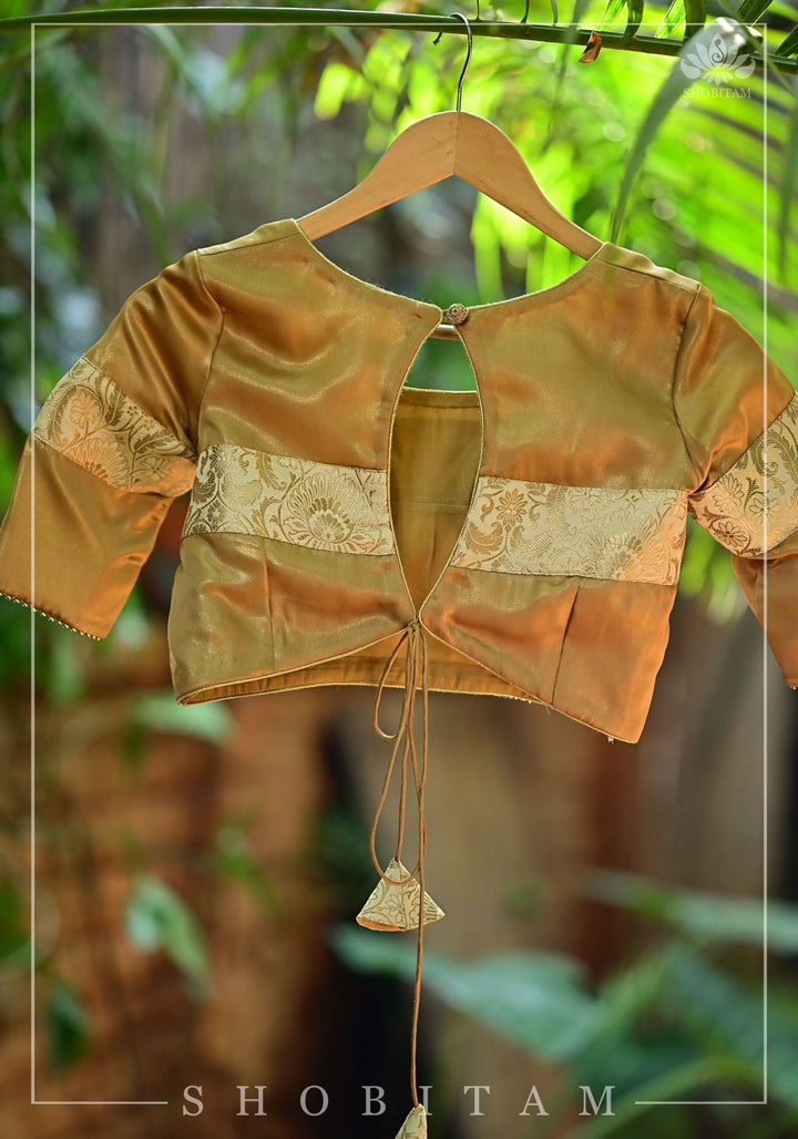 Gold tone Blouse with Tan Banarasi band and keyhole back