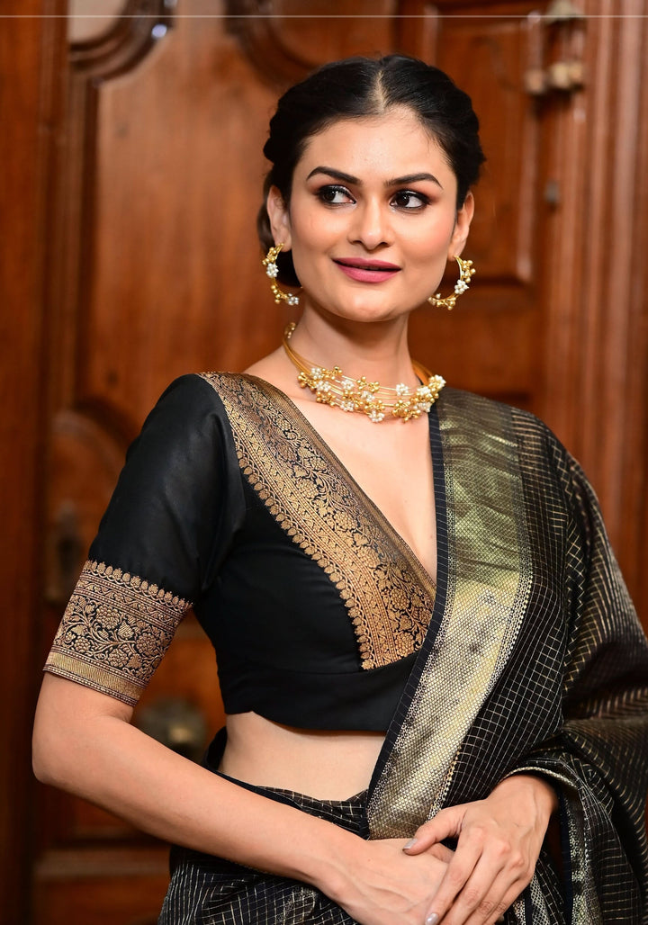 Black Blouse with Plunge Neck and Antique Tone Zari Detailing