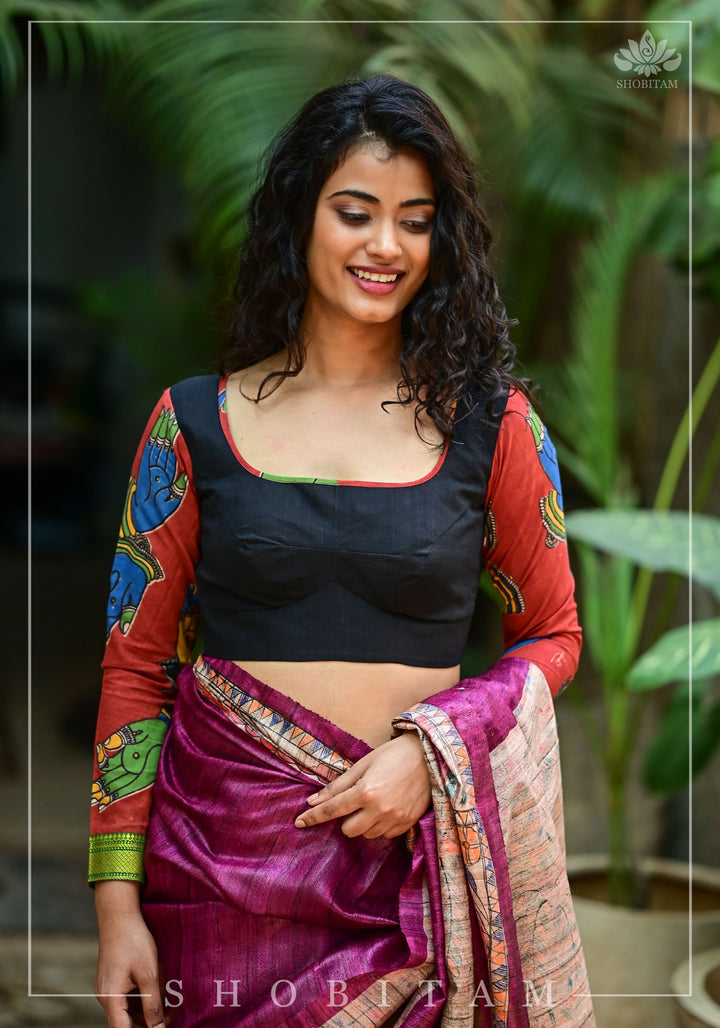 Kalamkari block print and mangalagiri cotton square back cutout, full sleeves blouse