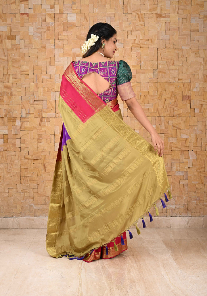 Mysore Silk Saree in Purple with Horizontal stripes and Panel Border in KSIC Grade Thickness | SILK MARK CERTIFIED