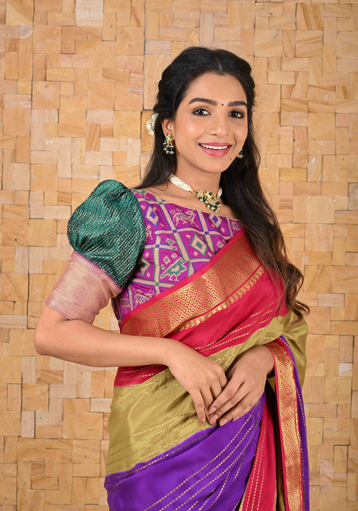 Mysore Silk Saree in Purple with Horizontal stripes and Panel Border in KSIC Grade Thickness | SILK MARK CERTIFIED