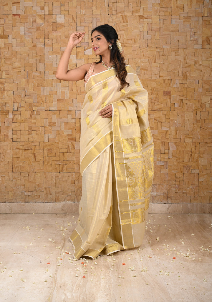 Beige Tissue Cotton Saree with Panel Zari Stripes