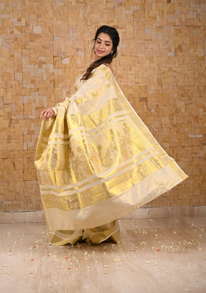 Beige Tissue Cotton Saree with Panel Zari Stripes