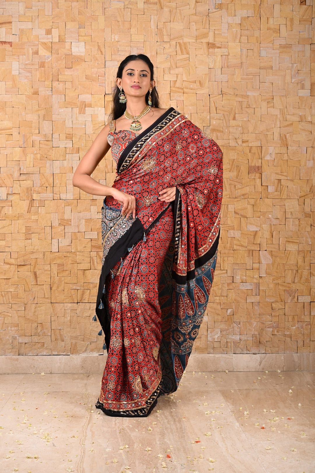 Handwork Highlights on Red Ajrakh Hand Block Print Saree