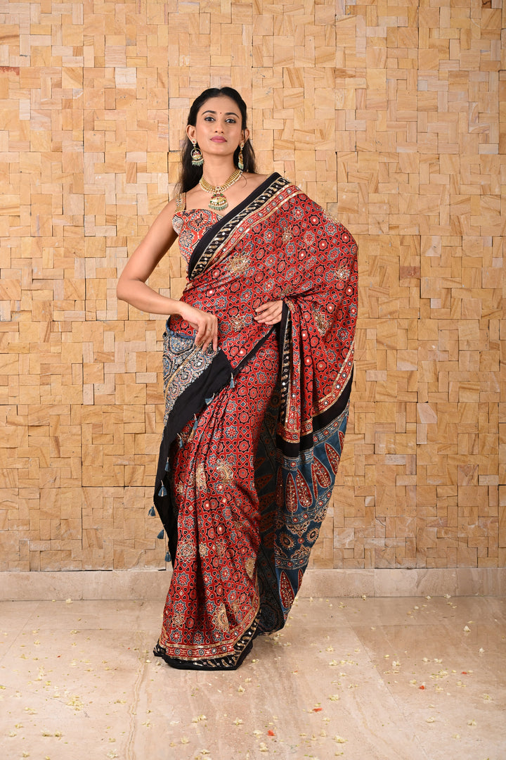 Handwork Highlights on Red Modal Ajrakh Hand Block Print Silk Saree