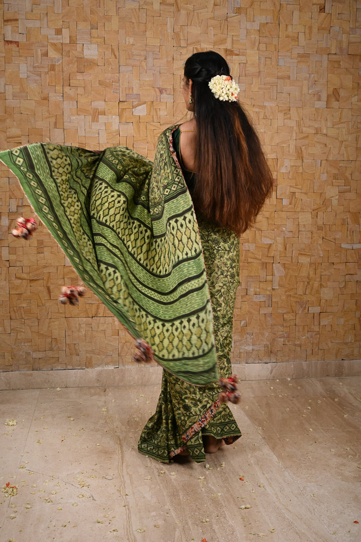 Vanaspati Hand Block Print on Modal Silk Saree in Moss Green with Kalamkari Border and Angoor latkans