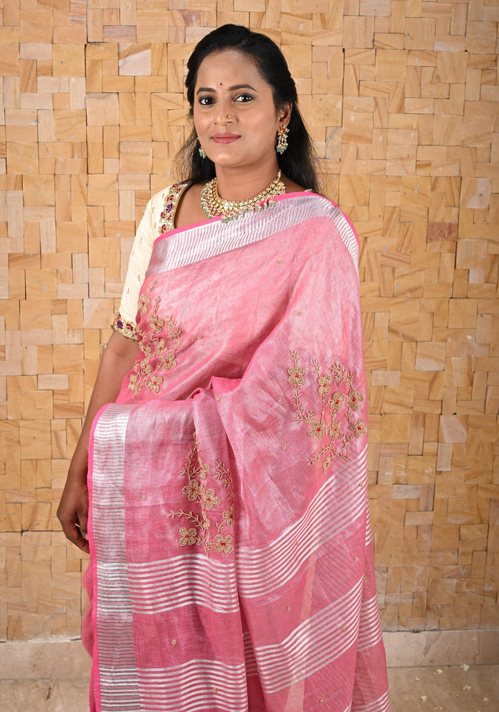 Pink Rose Tissue Linen Saree With Hand Beadwork with Silver Tissue
