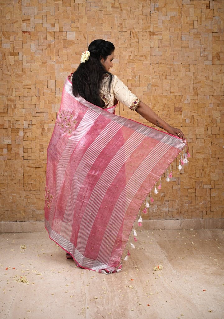 Pink Rose Tissue Linen Saree With Hand Beadwork with Silver Tissue