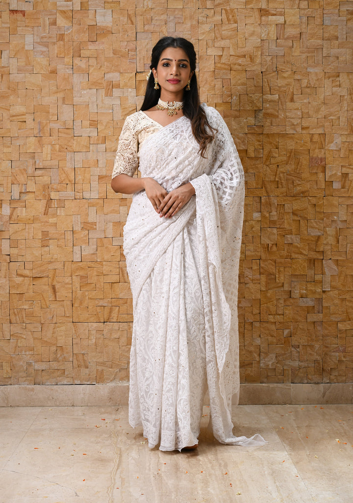 Authentic Hand Full Jaal Chikankari and Mukiesh Work on Off white Georgette Saree