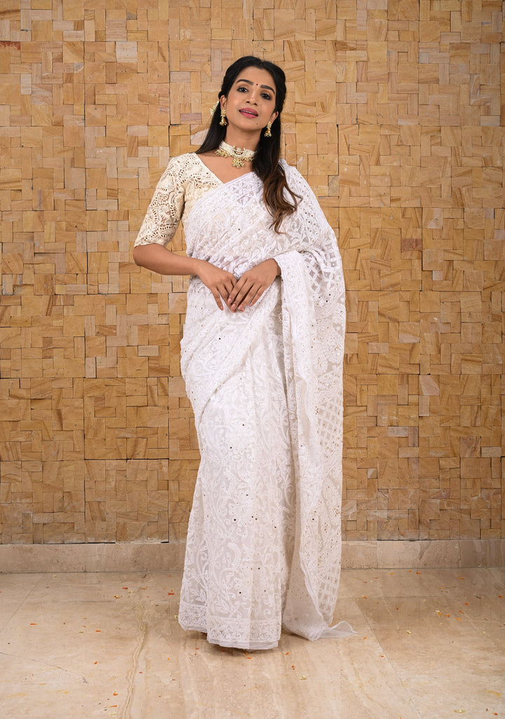 Authentic Hand Full Jaal Chikankari and Mukiesh Work on Off white Georgette Saree