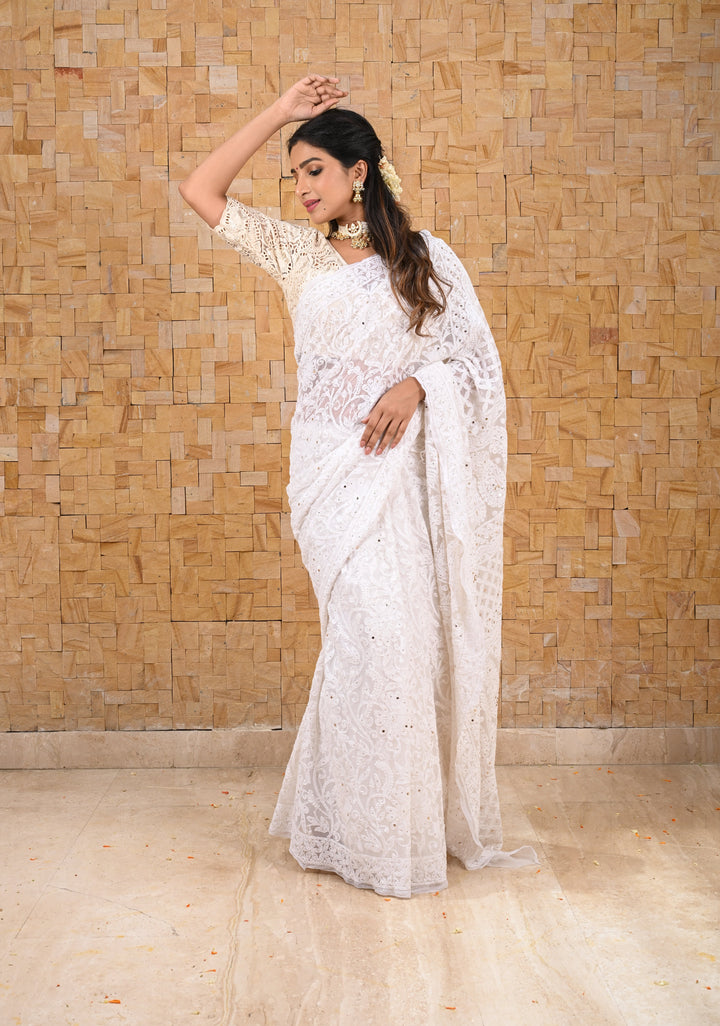 Authentic Hand Full Jaal Chikankari and Mukiesh Work on Off white Georgette Saree