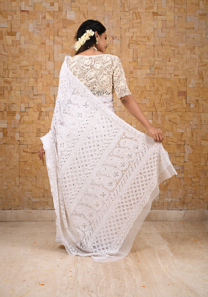 Authentic Hand Full Jaal Chikankari and Mukiesh Work on Off white Georgette Saree