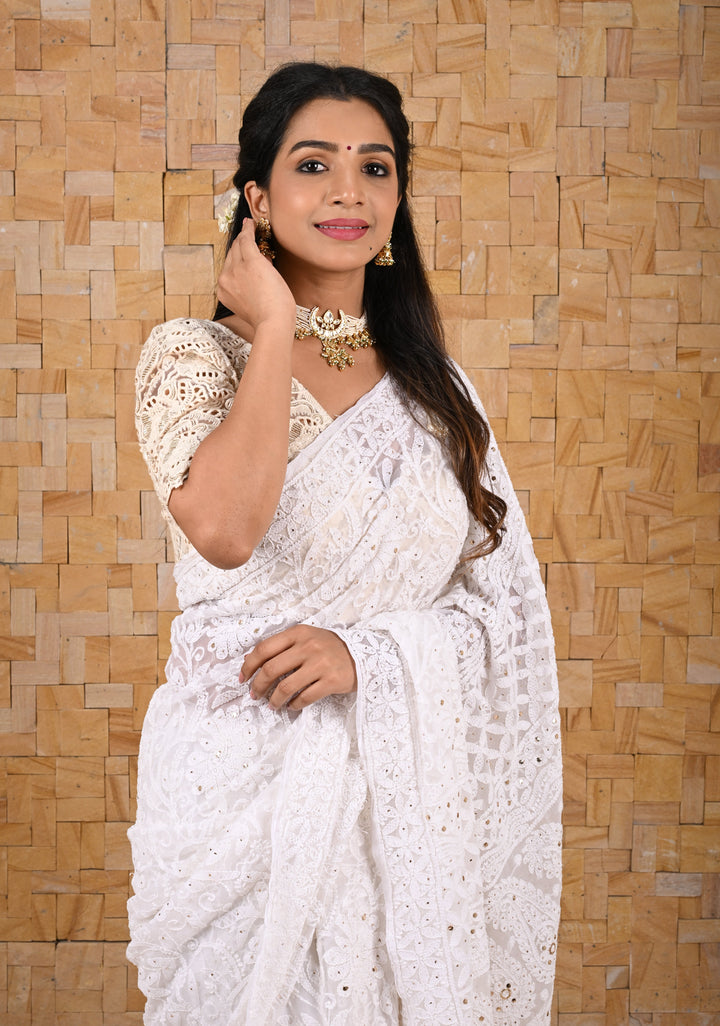 Authentic Hand Full Jaal Chikankari and Mukiesh Work on Off white Georgette Saree