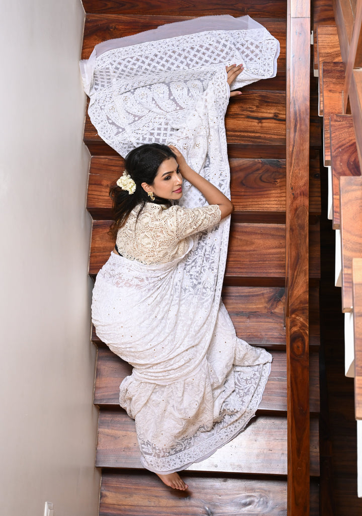 Authentic Hand Full Jaal Chikankari and Mukiesh Work on Off white Georgette Saree