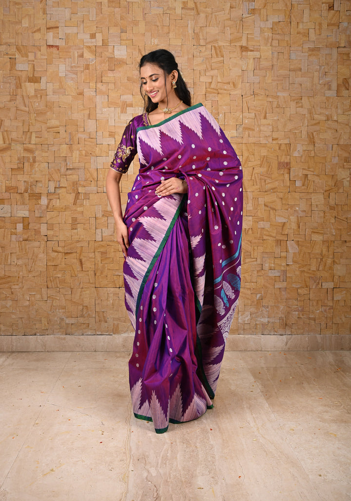 Pure Tussar Silk Gadwal Saree in Purple with Temple Tussar Borders | SILK MARK CERTIFIED