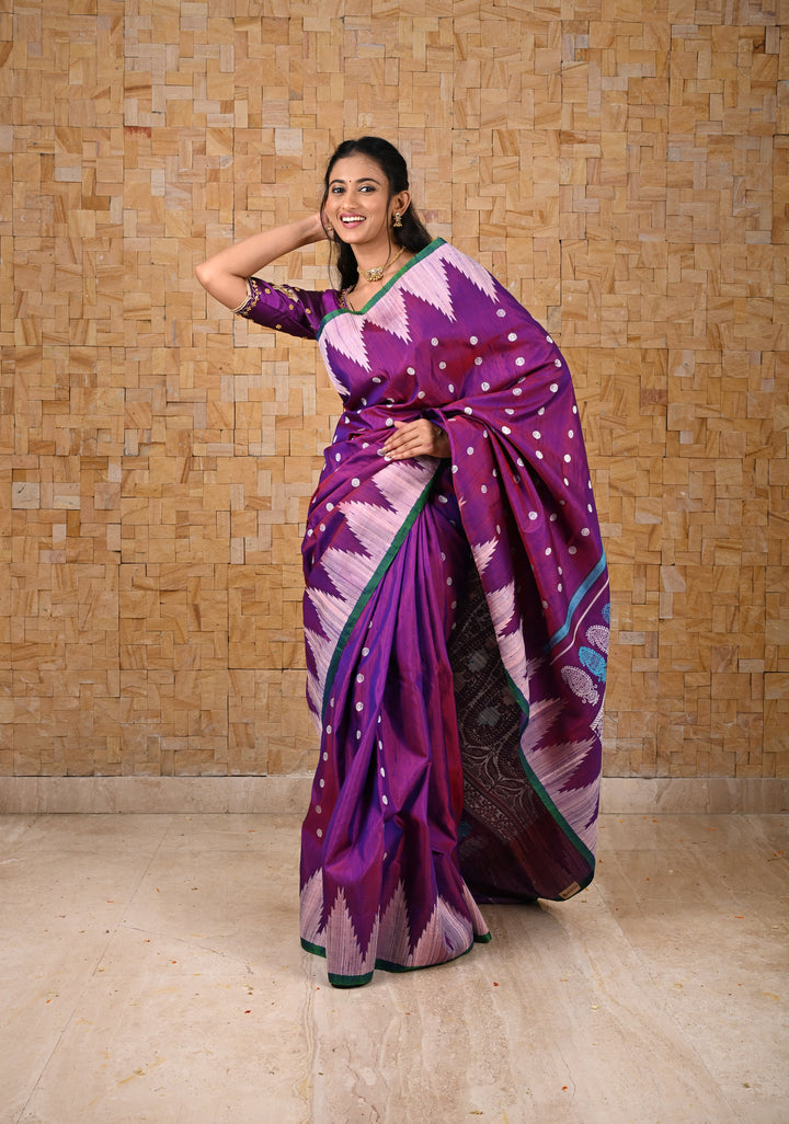 Pure Tussar Silk Gadwal Saree in Purple with Temple Tussar Borders | SILK MARK CERTIFIED