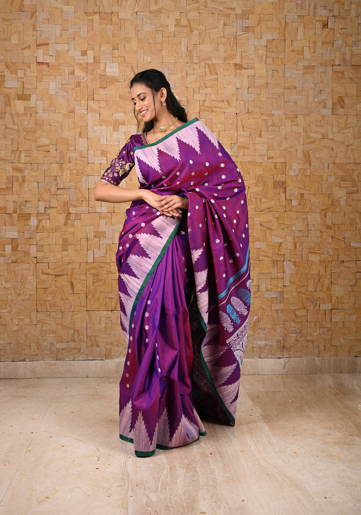 Pure Tussar Silk Gadwal Saree in Purple with Temple Tussar Borders | SILK MARK CERTIFIED