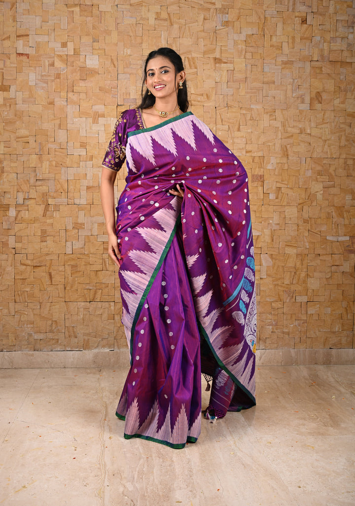 Pure Tussar Silk Gadwal Saree in Purple with Temple Tussar Borders | SILK MARK CERTIFIED