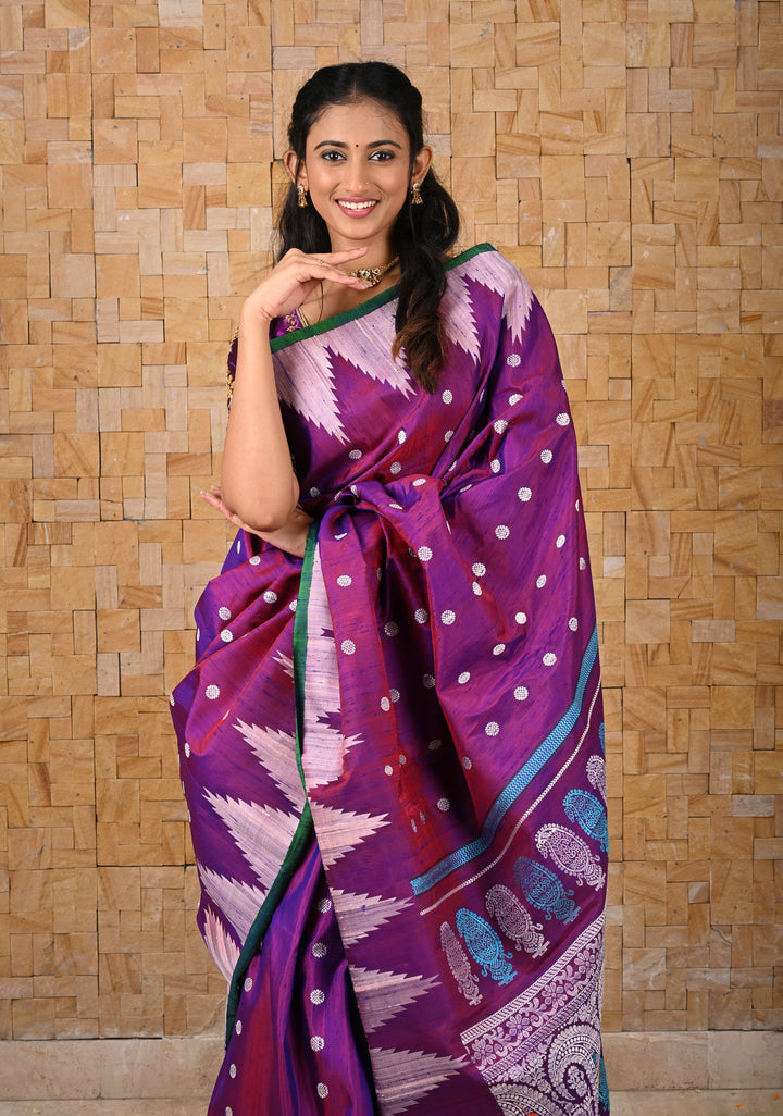 Pure Tussar Silk Gadwal Saree in Purple with Temple Tussar Borders | SILK MARK CERTIFIED