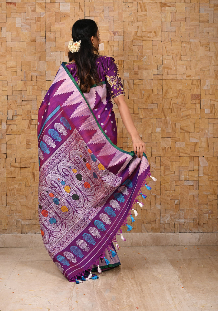Pure Tussar Silk Gadwal Saree in Purple with Temple Tussar Borders | SILK MARK CERTIFIED